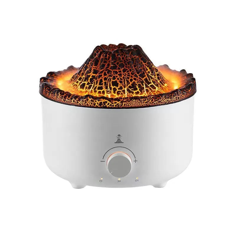 White ultrasonic simulated flame humidifier with remote control and low noise, 162x162x128mm