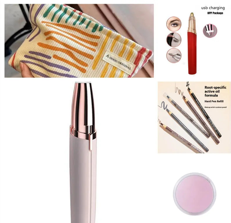Eyebrow epilator pen with gold plated head and LED light on pink background