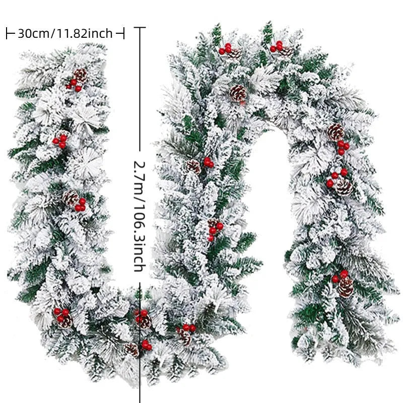 Artificial rattan Christmas garland with white flocking snow decoration in various lengths