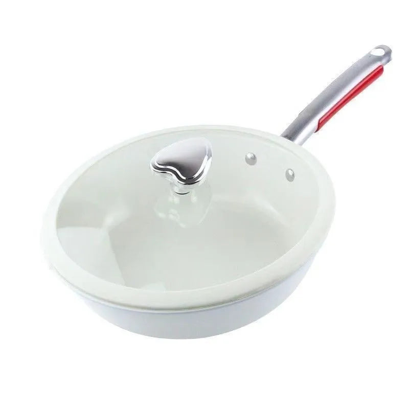 28cm pebble ceramic non-stick stir fry pan with refined iron body and stainless steel glass lid on a kitchen counter