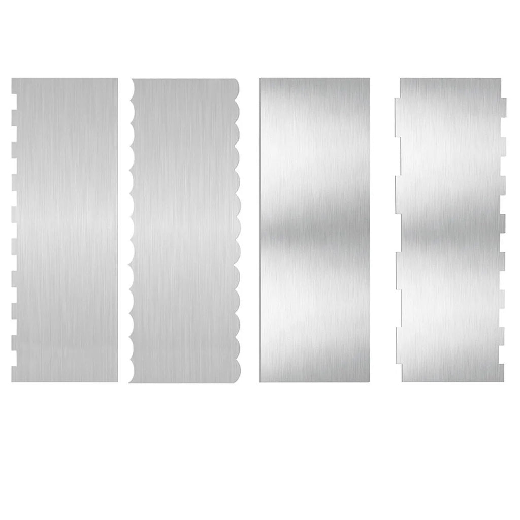 Stainless steel cake scraper with a polygon patterned blade for icing and filling work.