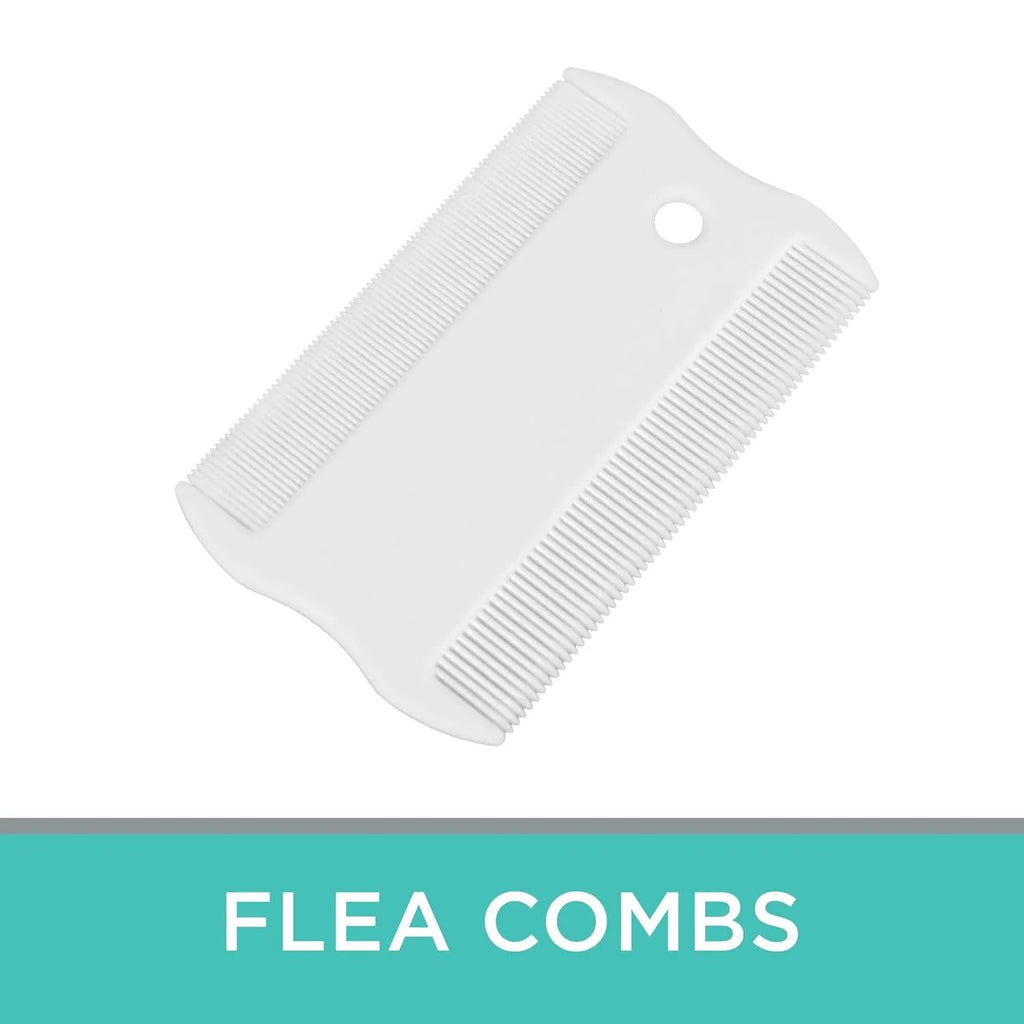 Double sided plastic flea comb for pets with dense teeth and compact grate mouth design.