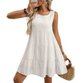 Light blue women's sleeveless plaid dress with high waist and loose swing skirt on a model.