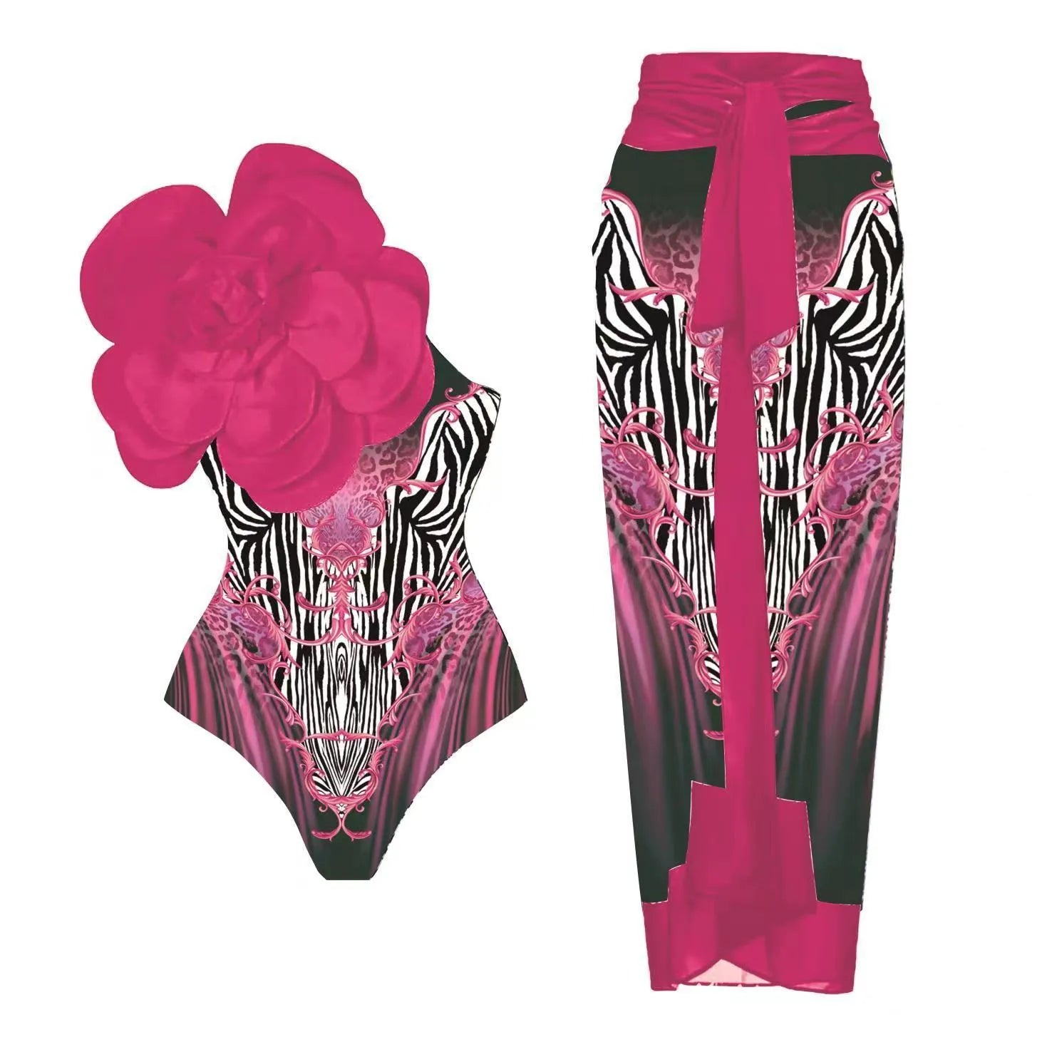 Women's floral print one-piece swimsuit with wrap skirt in polyester fabric