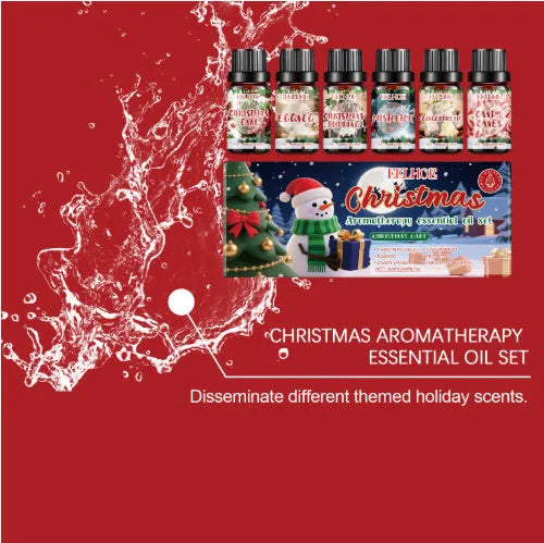 Christmas aromatherapy oil set showing six 60ml bottles for holiday home fragrance