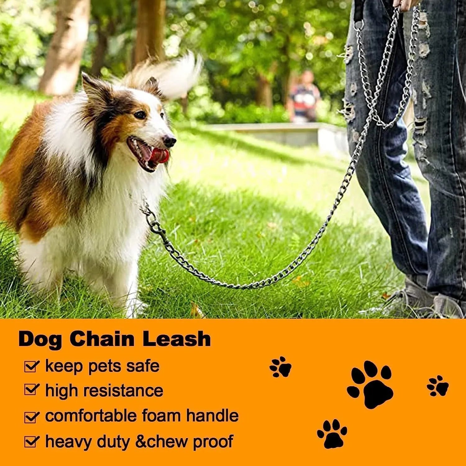 Heavy duty metal dog leash with soft padded handle and chew-proof chain in black, blue, or red.
