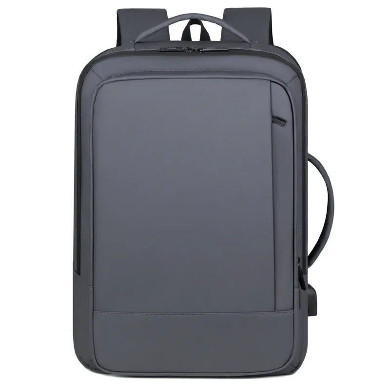 Black waterproof Oxford cloth business backpack with curved shoulder straps and laptop compartment