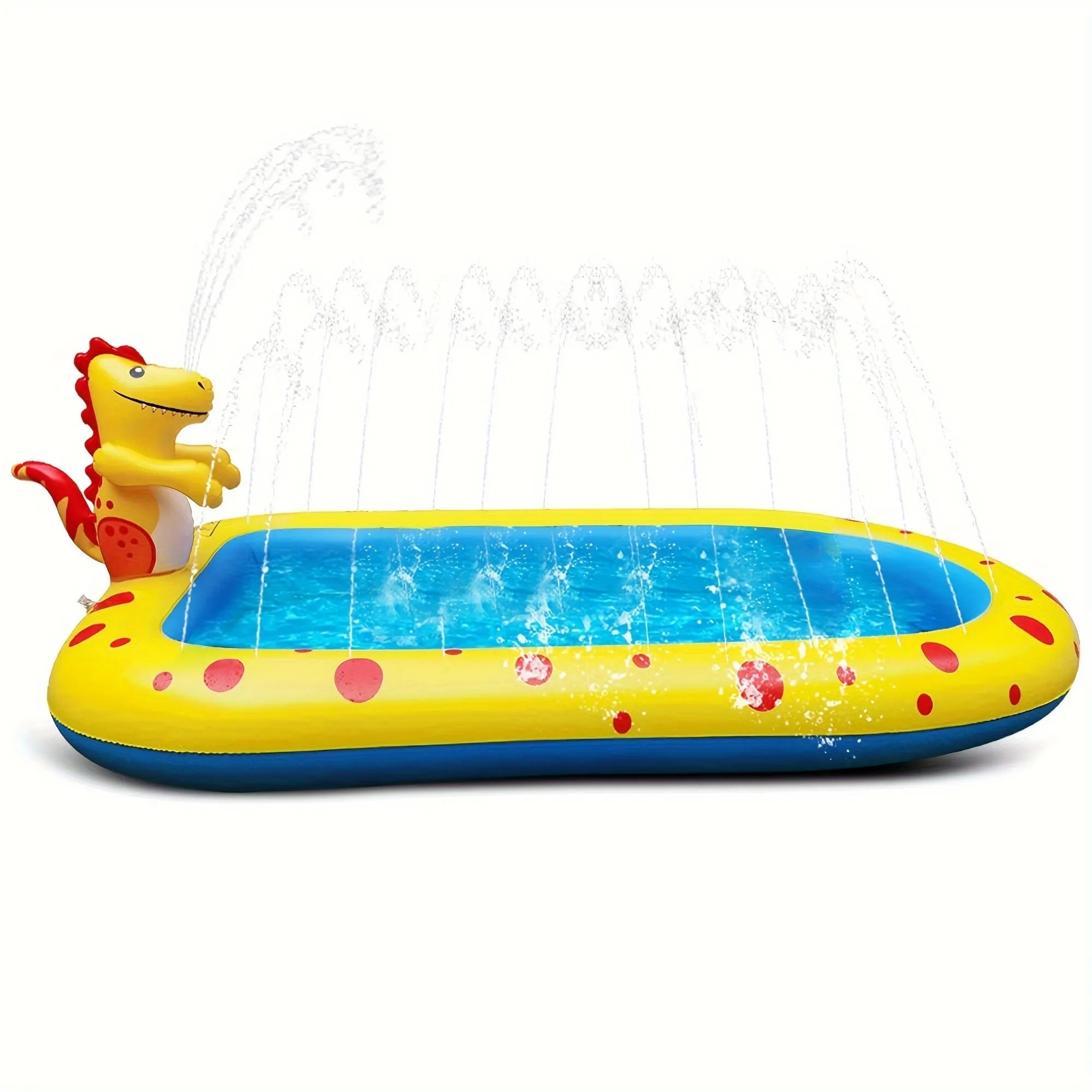 Blue dinosaur shark water spray pool measuring 170cm long with children playing