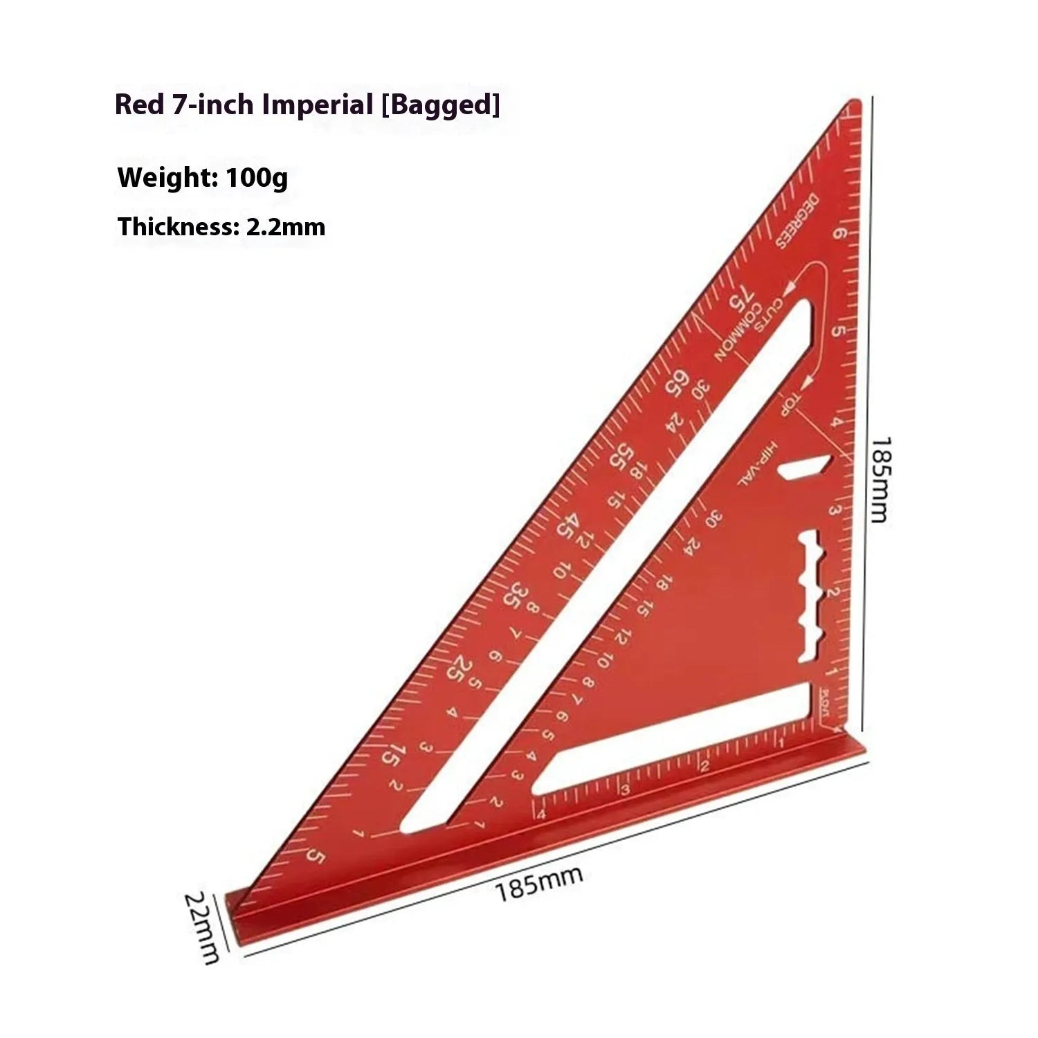 Red thin 7-inch metal combination angle ruler for civil surveying with metric graduation on both sides