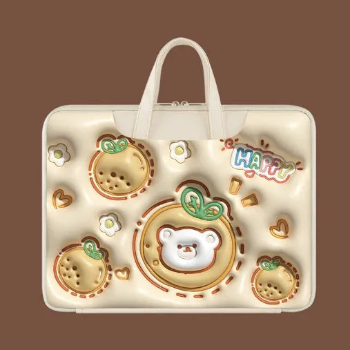 Inflatable PU leather laptop bag with hanging handle in panda pattern design for 15-inch laptops