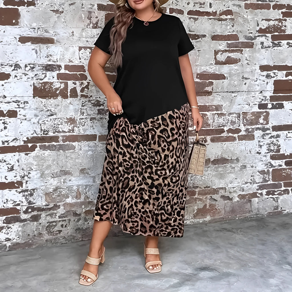 Women's casual leopard print maxi dress with loose fit and quarter sleeves, in black, plus size option