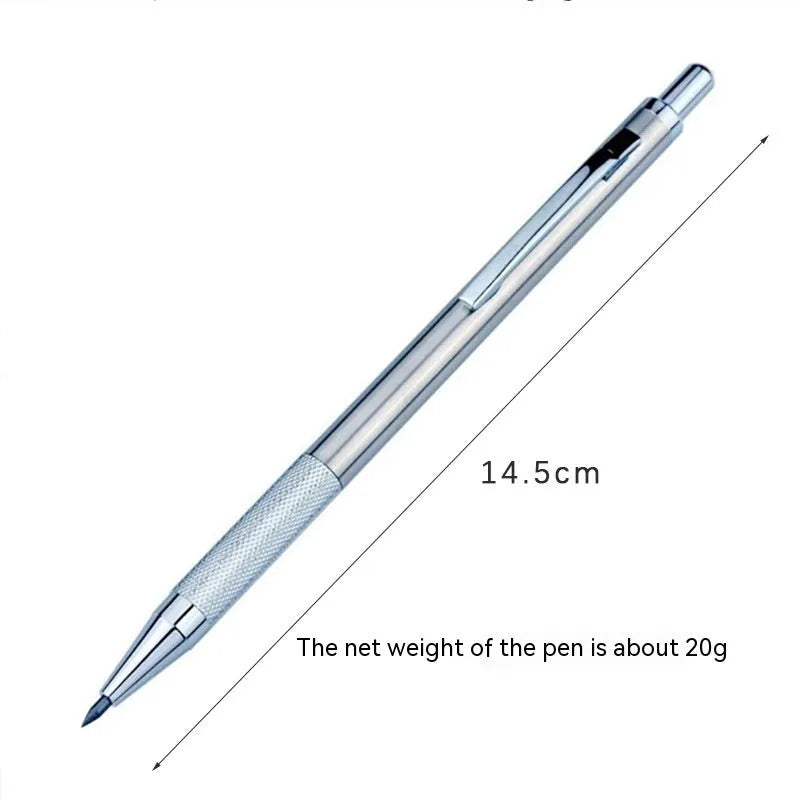 Metal automatic mechanical pencil with retractable tip, shown with compatible lead sizes from 0.3mm to 3.0mm.
