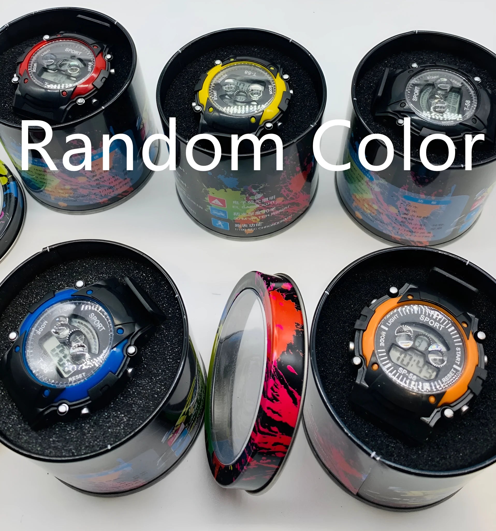 Digital sports watch for kids with colourful silicone strap and plastic case.