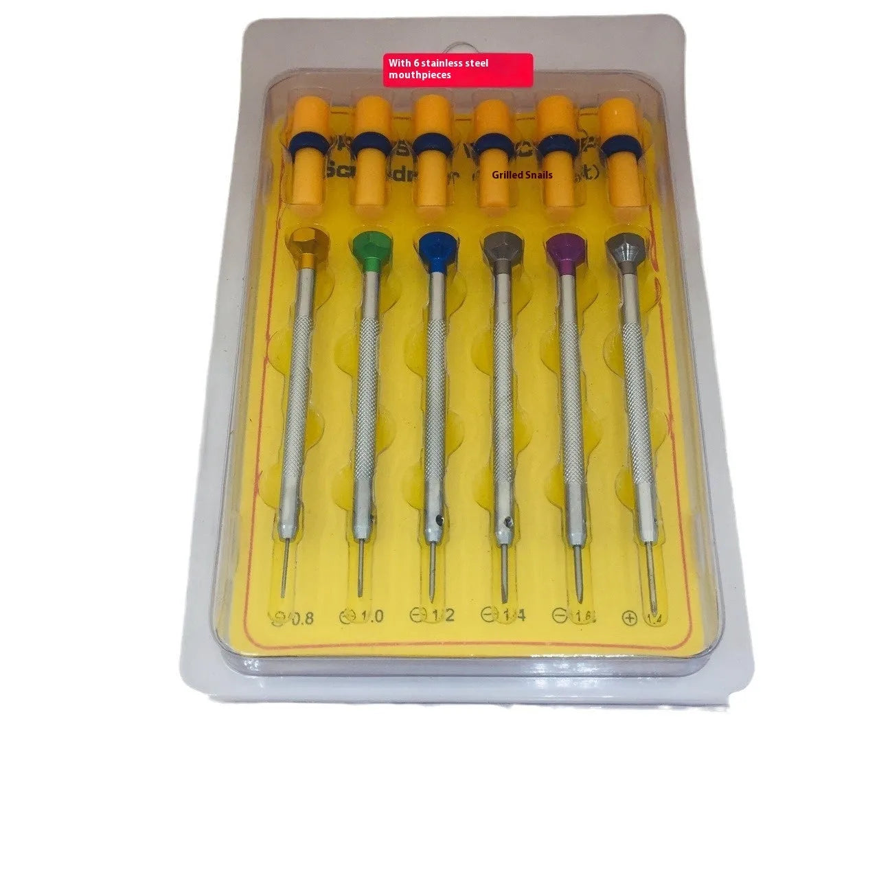 Six piece watch repair screwdriver set with copper handles and colour coded aluminium accents for children's watch maintenance