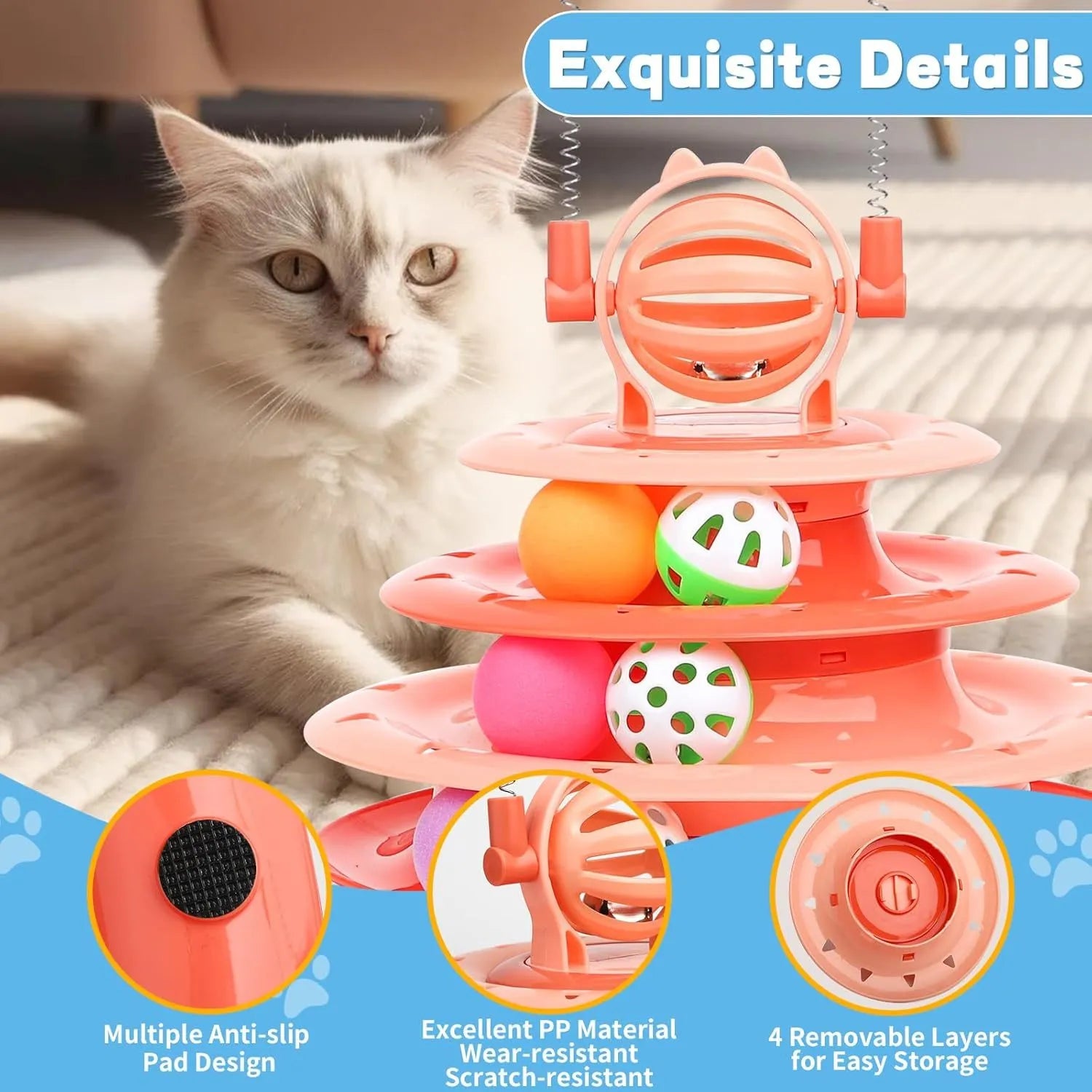 Interactive four-tier carousel cat toy with colourful balls and teasing rods on a non-slip base.