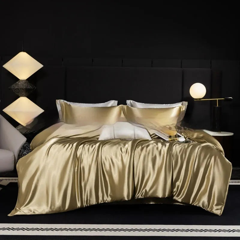Silk bed sheet four-piece set in solid colour folded, showing options for Ash Purple, Cool Black, and Golden Camel.