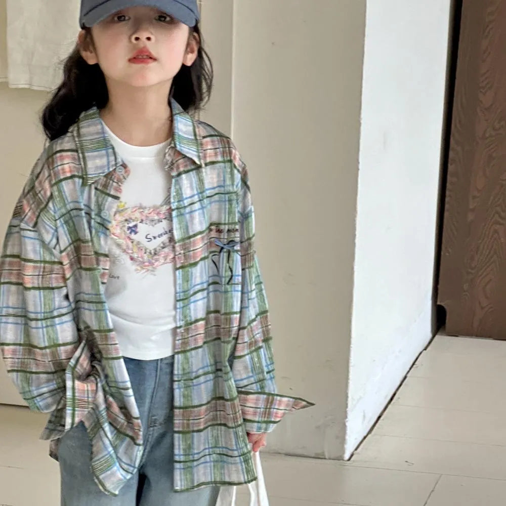 Little Red Fish girls blue plaid cotton long sleeve shirt on plain background