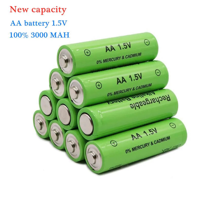 Green AA size alkaline rechargeable battery with 3000mAh 1.5V labelling.