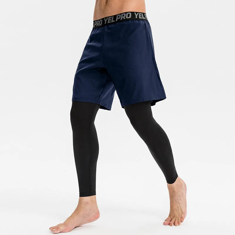 Man wearing grey high elastic tight pants for fitness training.