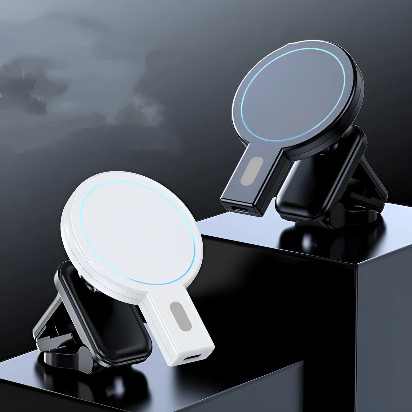 Black and white magnetic wireless charger on a desk with phone