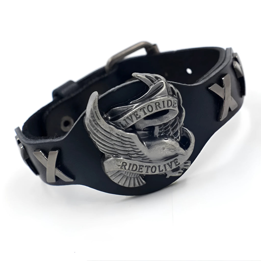 Black leather geometric bracelet with alloy eagle watch clasp showing tapered width and 26cm length