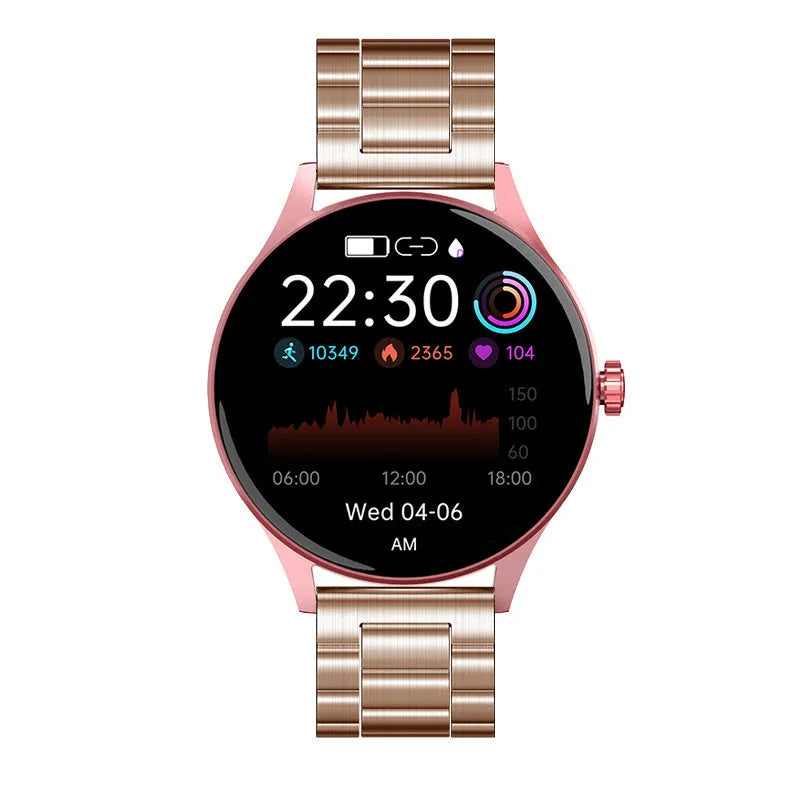 Smart watch with circular AMOLED screen showing health stats, on a black silicone wristband.