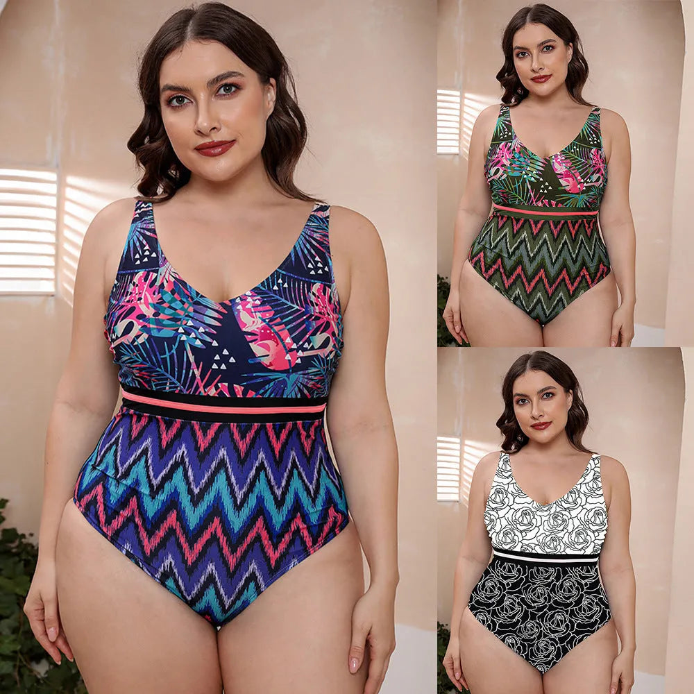 Women's printed spaghetti strap one-piece swimsuit in blue, white, and green patterns with vest style