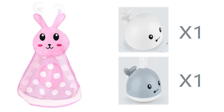 Automatic water spray whale bath toy floating in water with fountain and LED lights