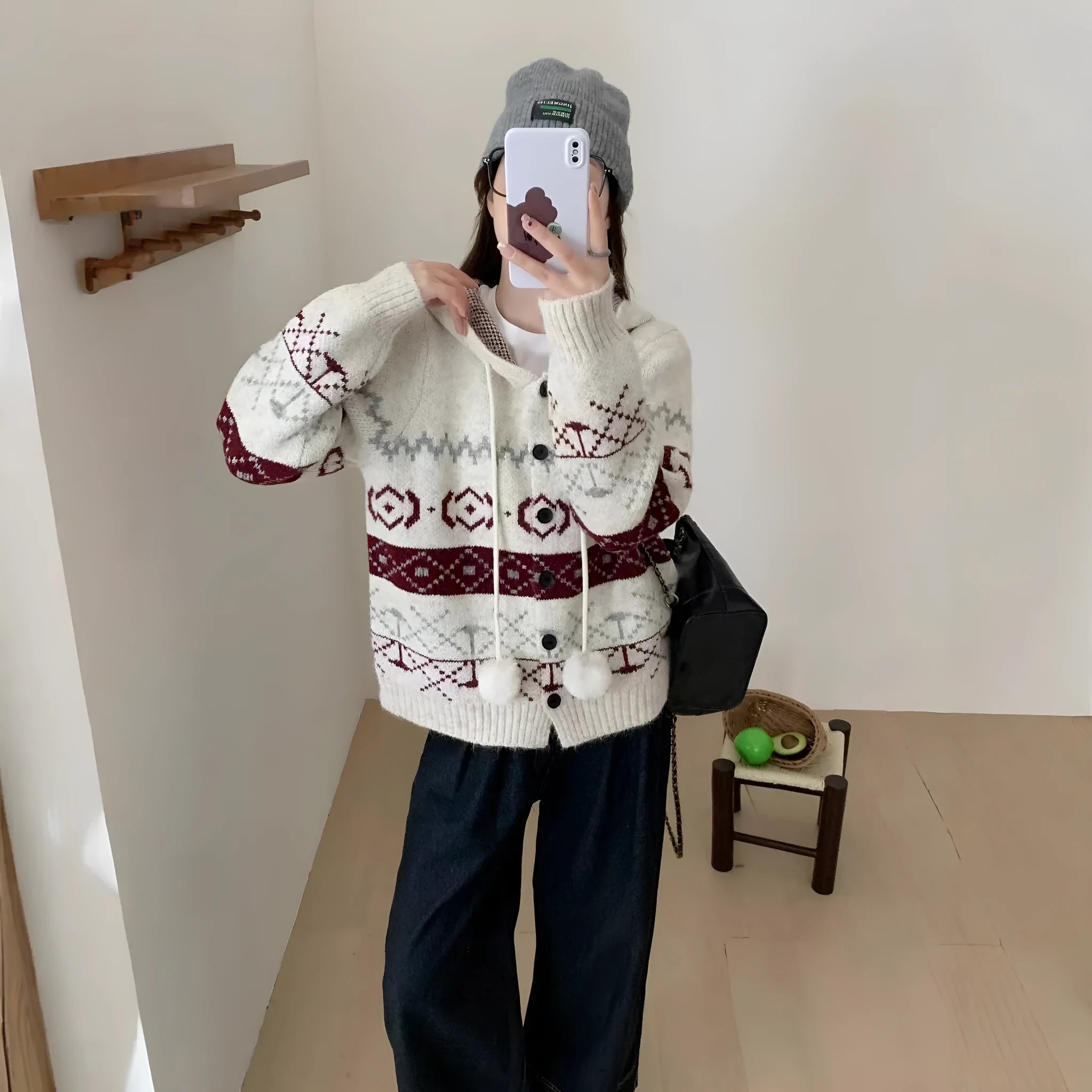 Women's plus size brocade sweater coat with geometric pattern in loose style