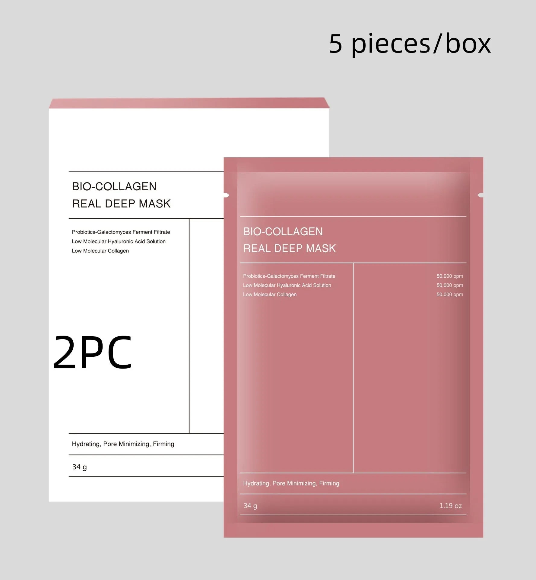 Collagen face mask box of 4 pieces, each 34g, for firming, hydrating and brightening skin