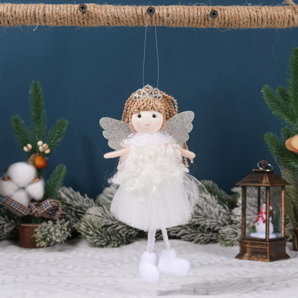 Cartoon Christmas angel fabric pendant attached to a white elastic hair band for a high ponytail.