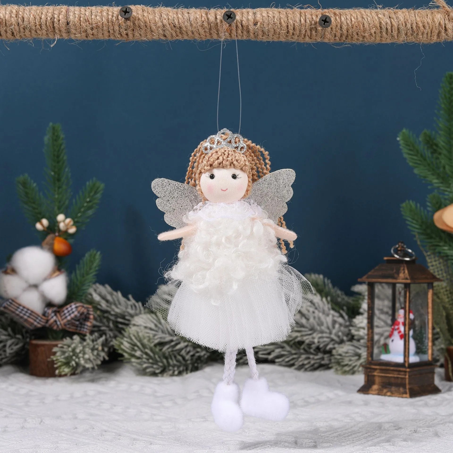 Cartoon Christmas angel fabric pendant attached to a white elastic hair band for a high ponytail.