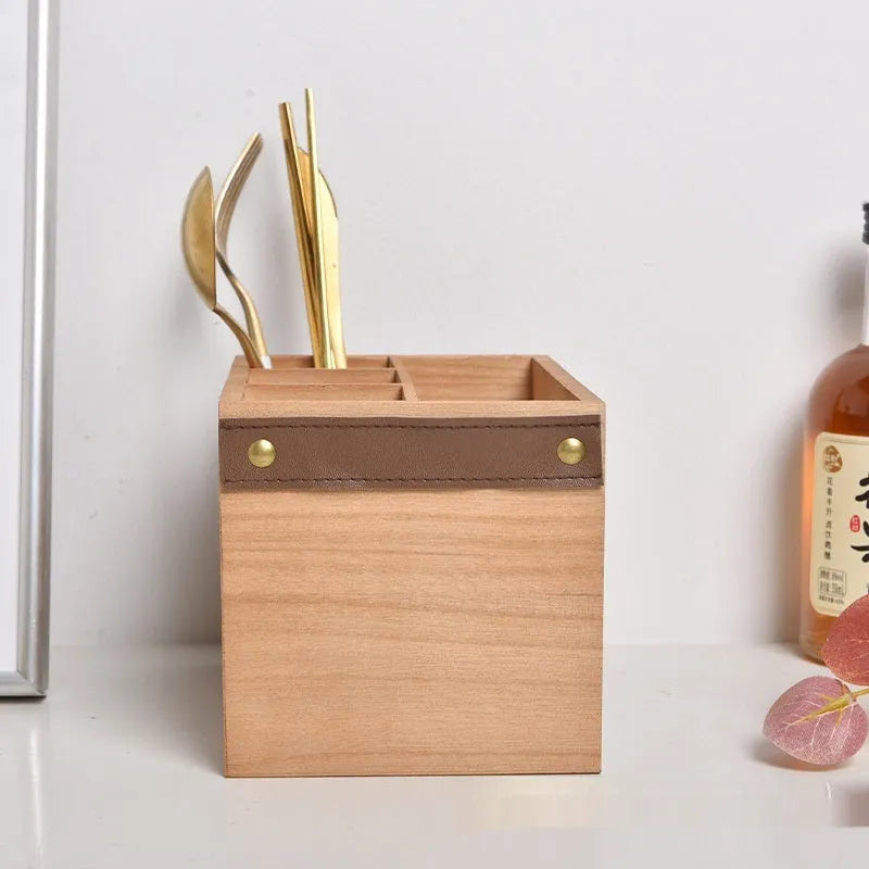 Wooden kitchen storage box with internal grid for knives forks chopsticks organisation