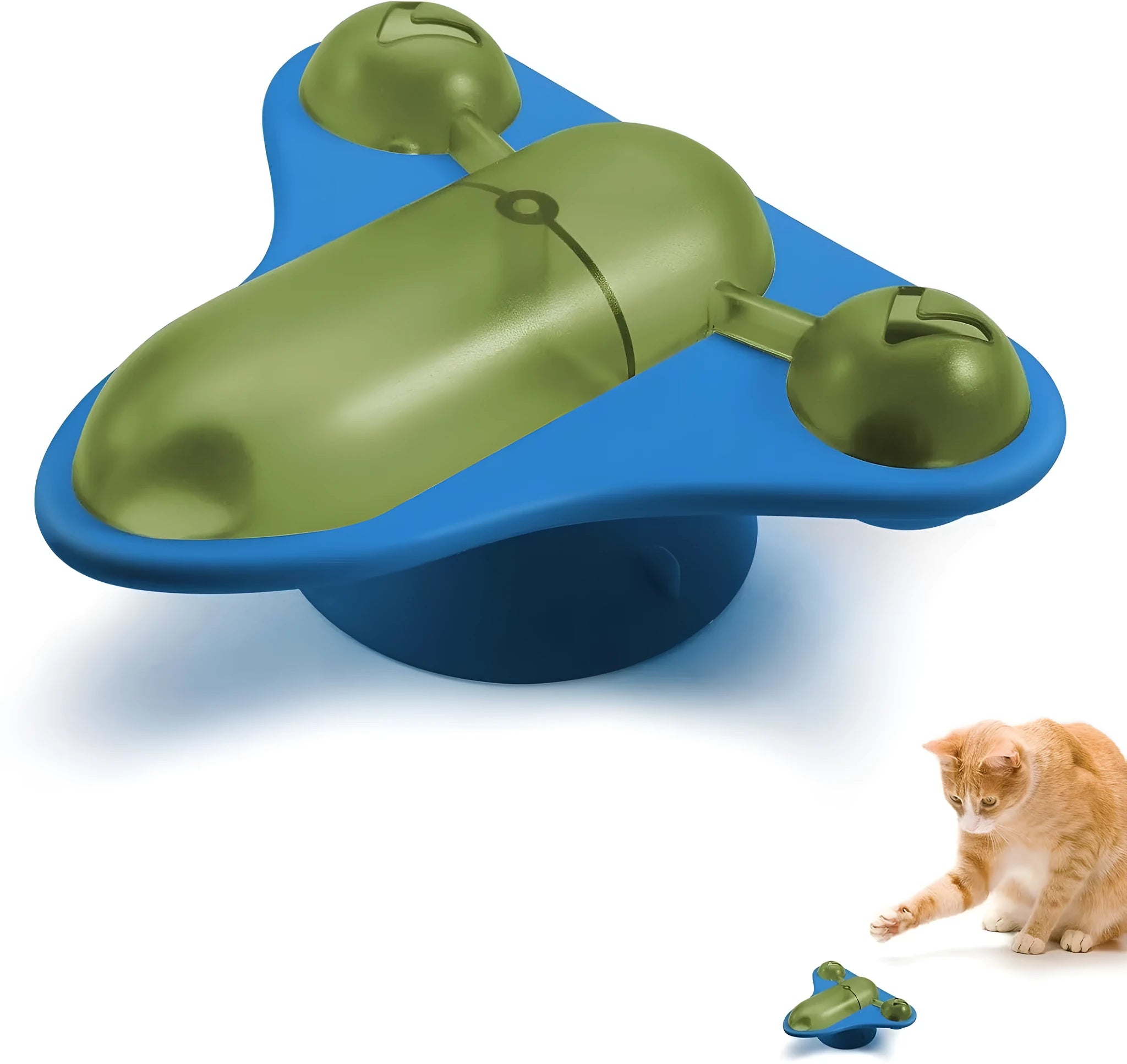 Blue interactive pet puzzle toy with airplane cabin, bell, and catnip compartment on a suction cup base.