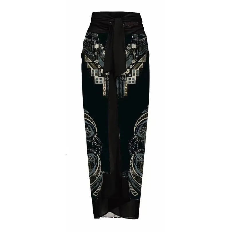 Women's floral print one-piece swimsuit with wrap skirt in polyester fabric