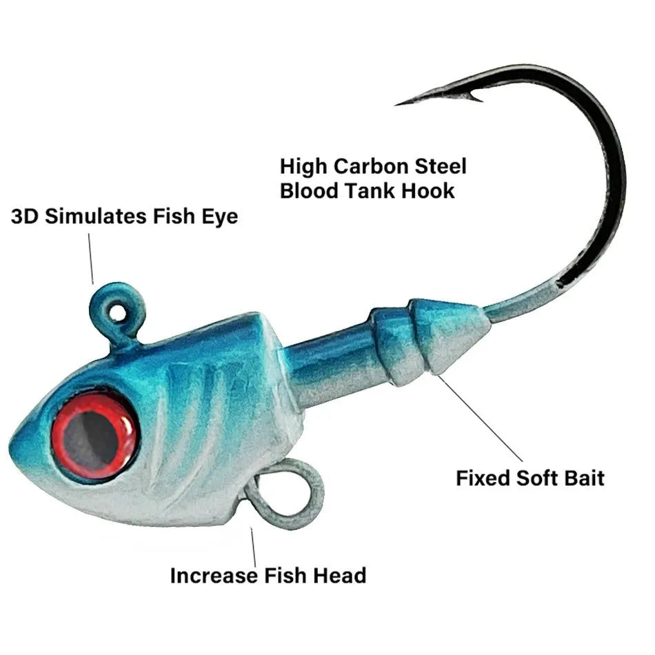 Yayu shaped lead head fishing hook in blue, silver, and yellow colours showing different weight sizes