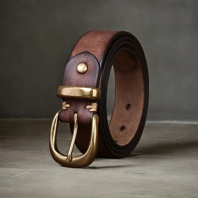 Men's leather belt with copper buckle in black, brown and khaki colours