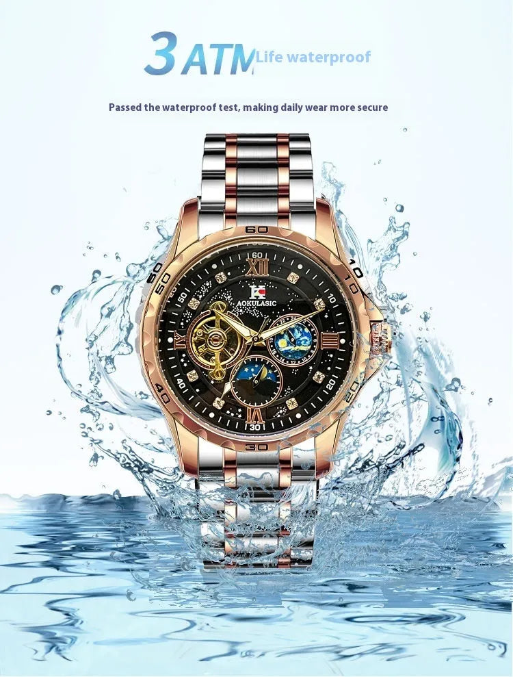 Automatic mechanical men's watch with rose gold shell and black surface on large dial