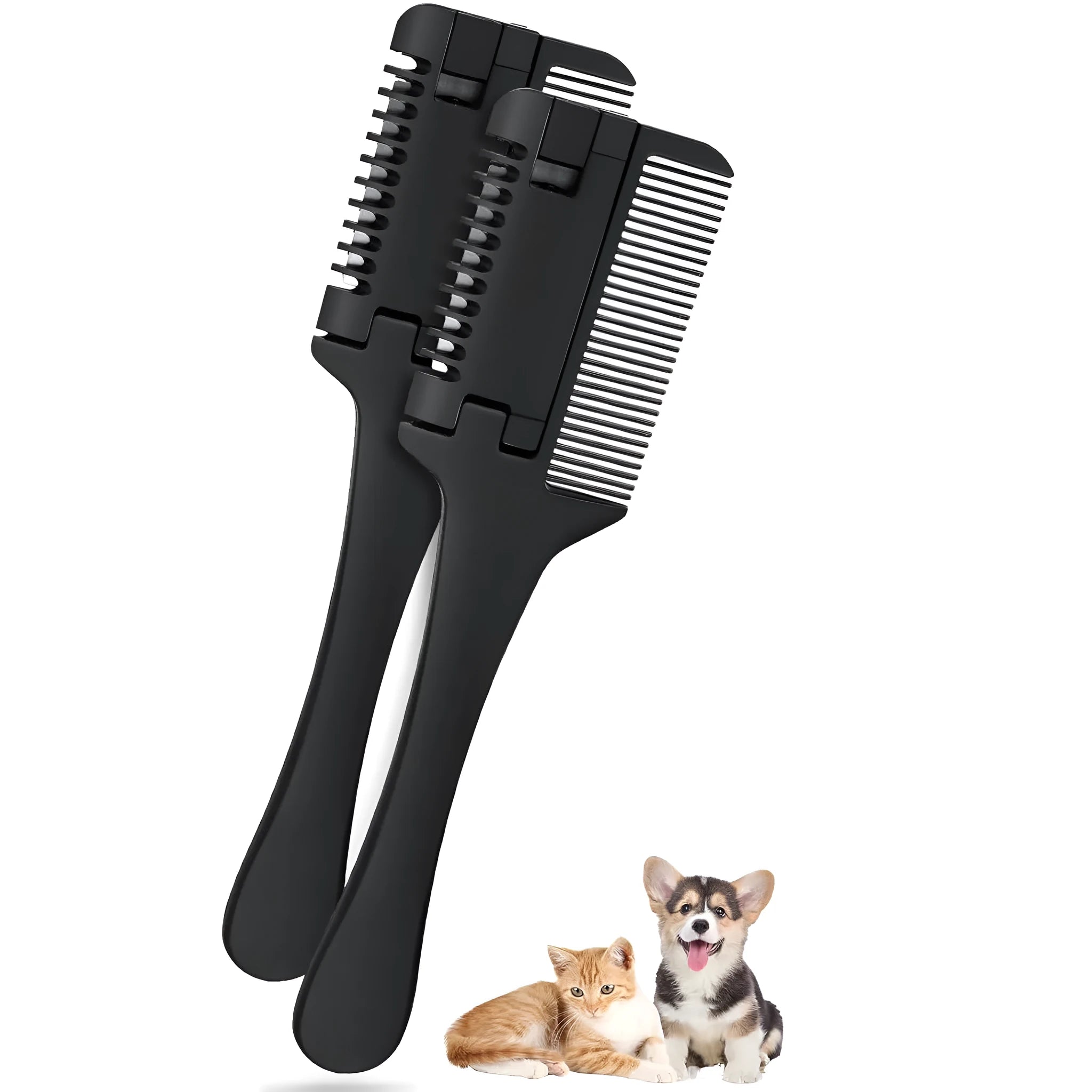 A razor comb for dog and cat grooming with a black plastic handle and metal blades, shown with spare blades.