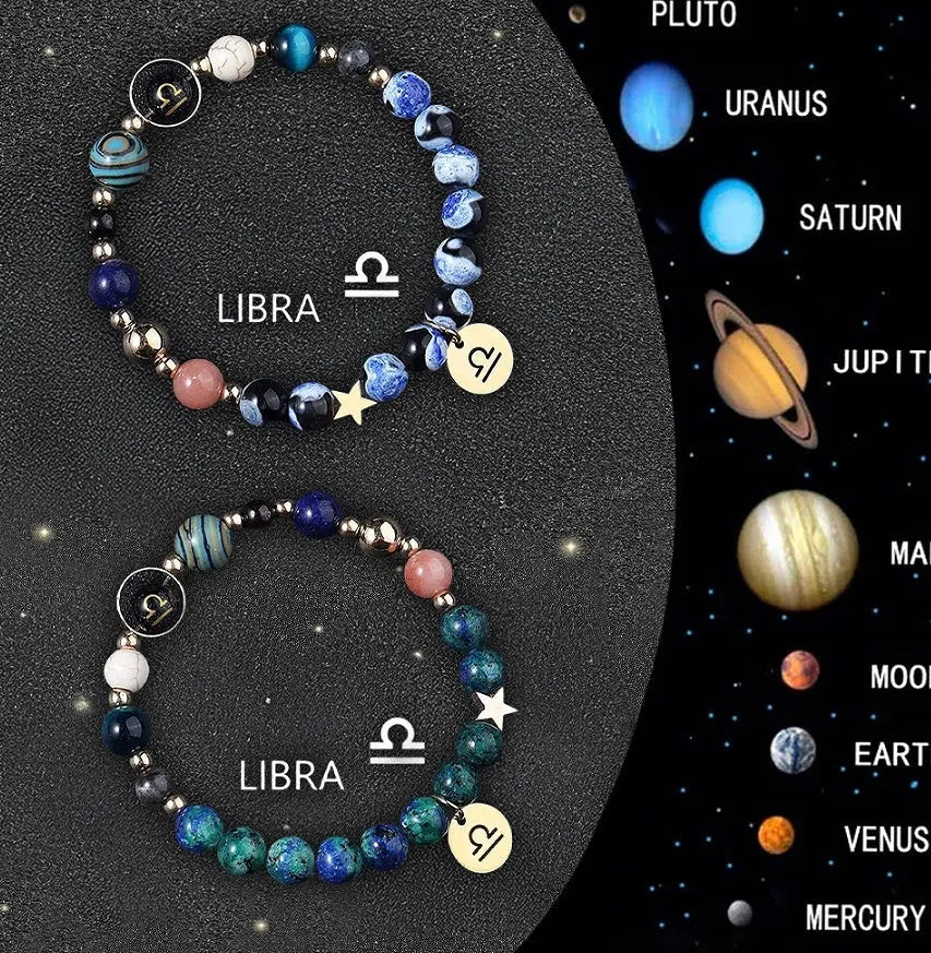 Two natural stone beaded bracelets showing Chinese zodiac animal signs including dragon and rabbit symbols
