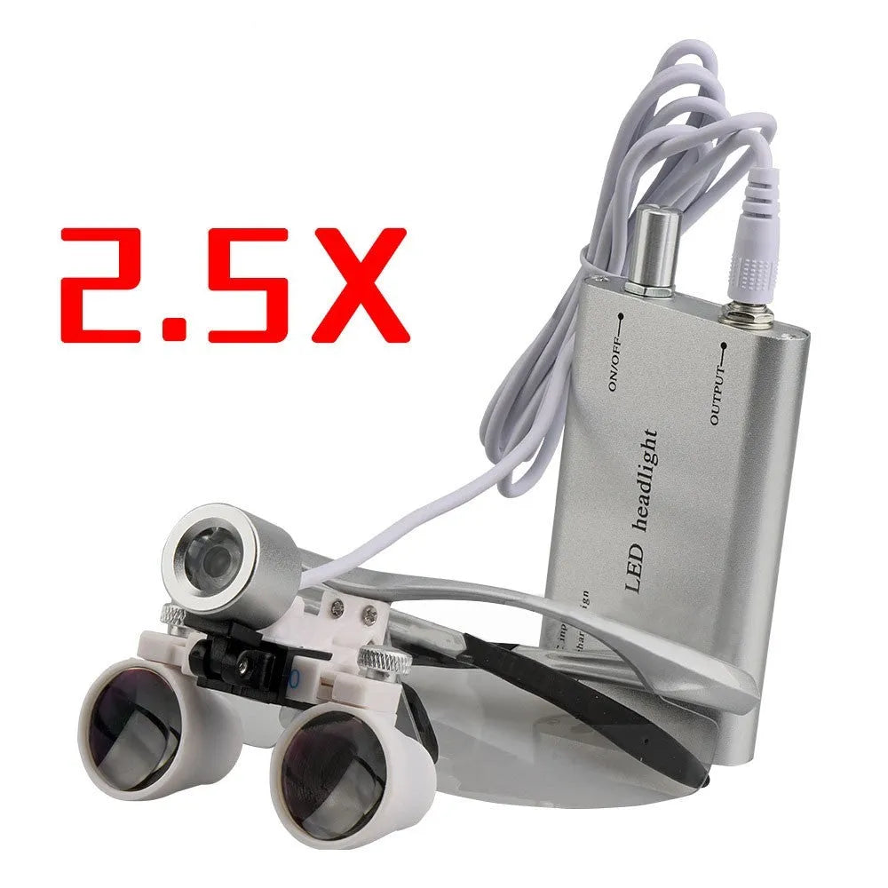 Black dental magnifying glasses with LED headlight showing 3.5X magnification and adjustable head strap