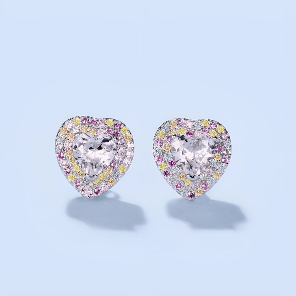 925 silver heart shaped earrings with colourful zircon stones 11.5x11mm stud style