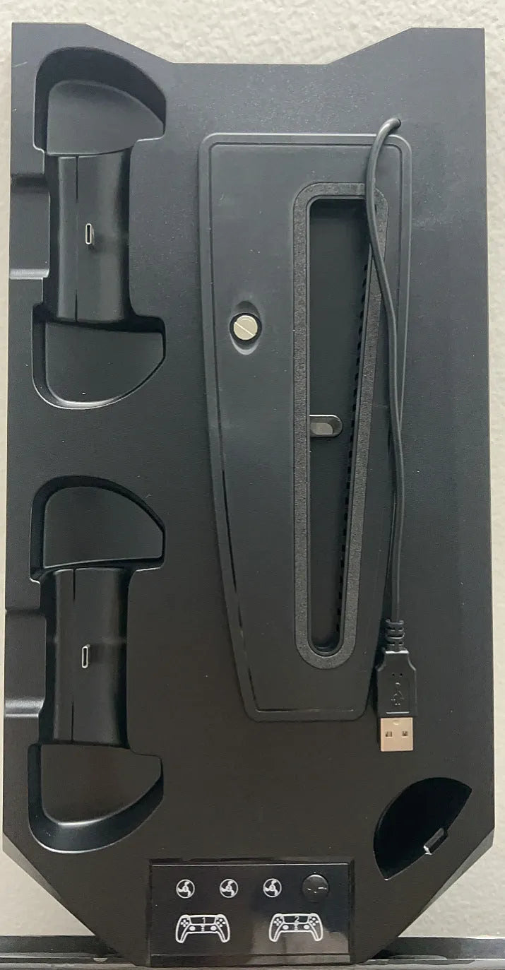 Black and white PS5 charging station with controller dock and headset hook