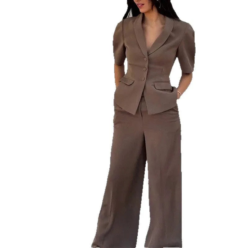 Brown men's formal suit with jacket and slim fit trousers for business attire