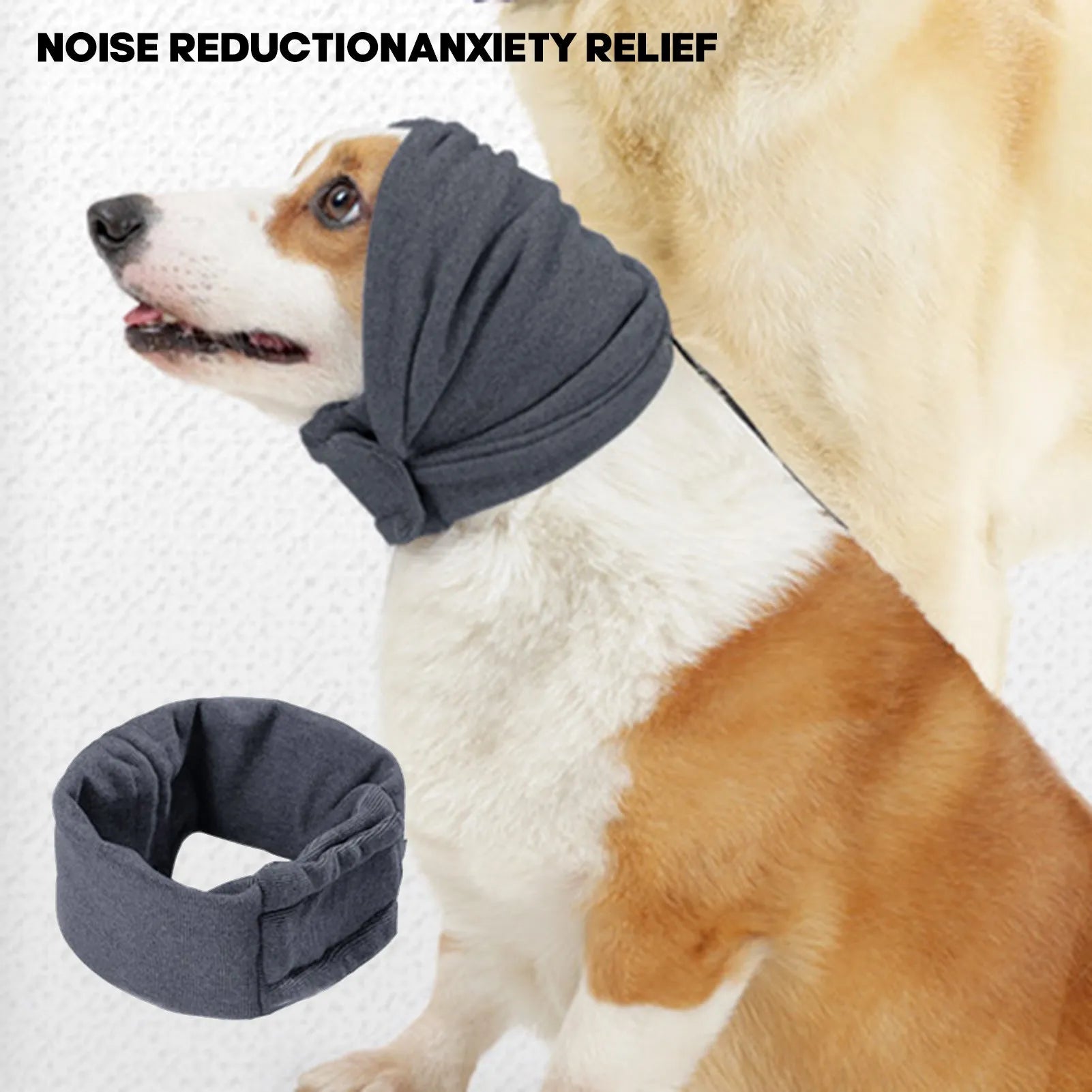 Dog wearing black calming hoodie head cover with ear wrap for noise reduction