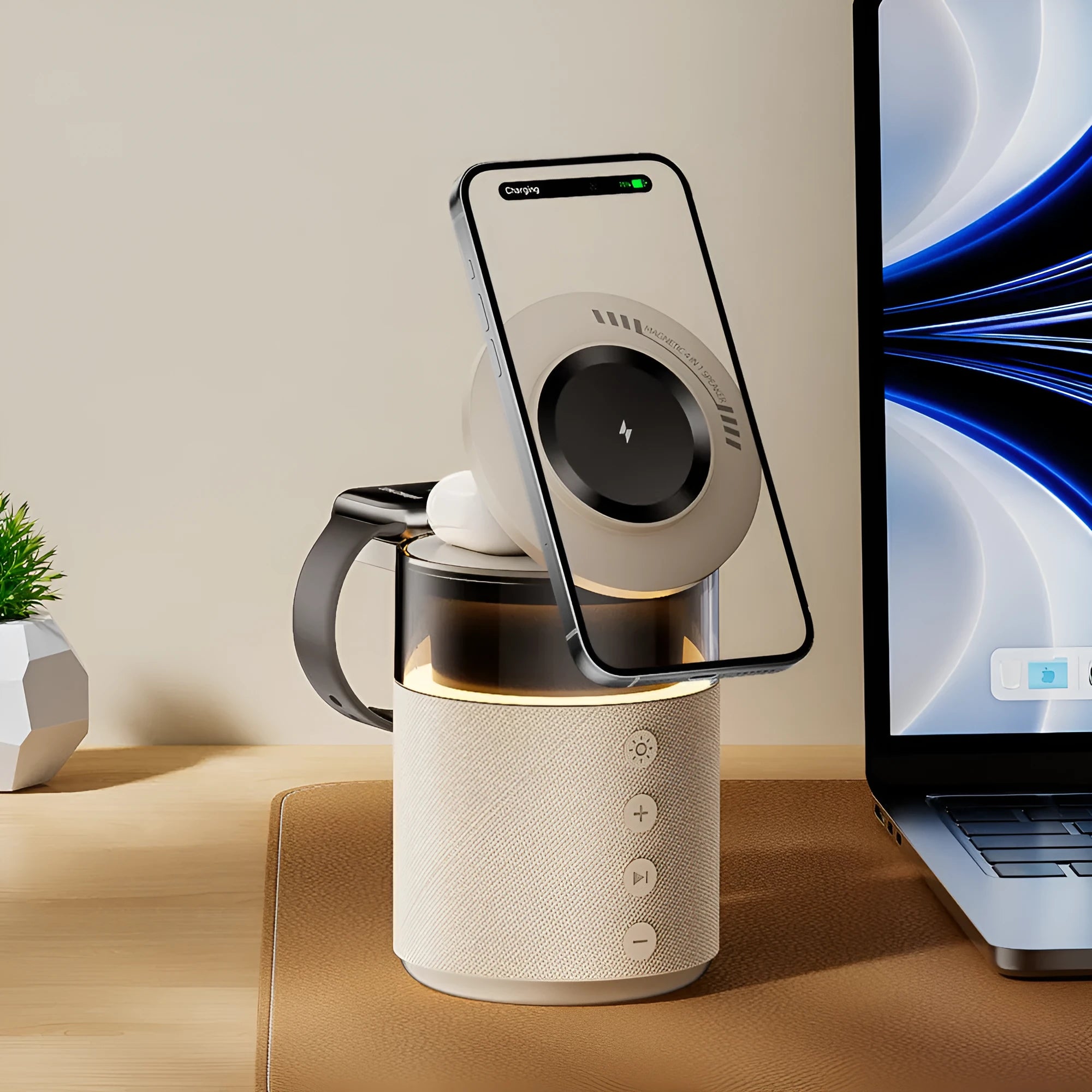 White three-in-one wireless magnetic Bluetooth charger with lighting on a household desk