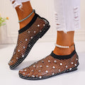Women's colourful rhinestone mesh flat sandals with round toe and rubber sole