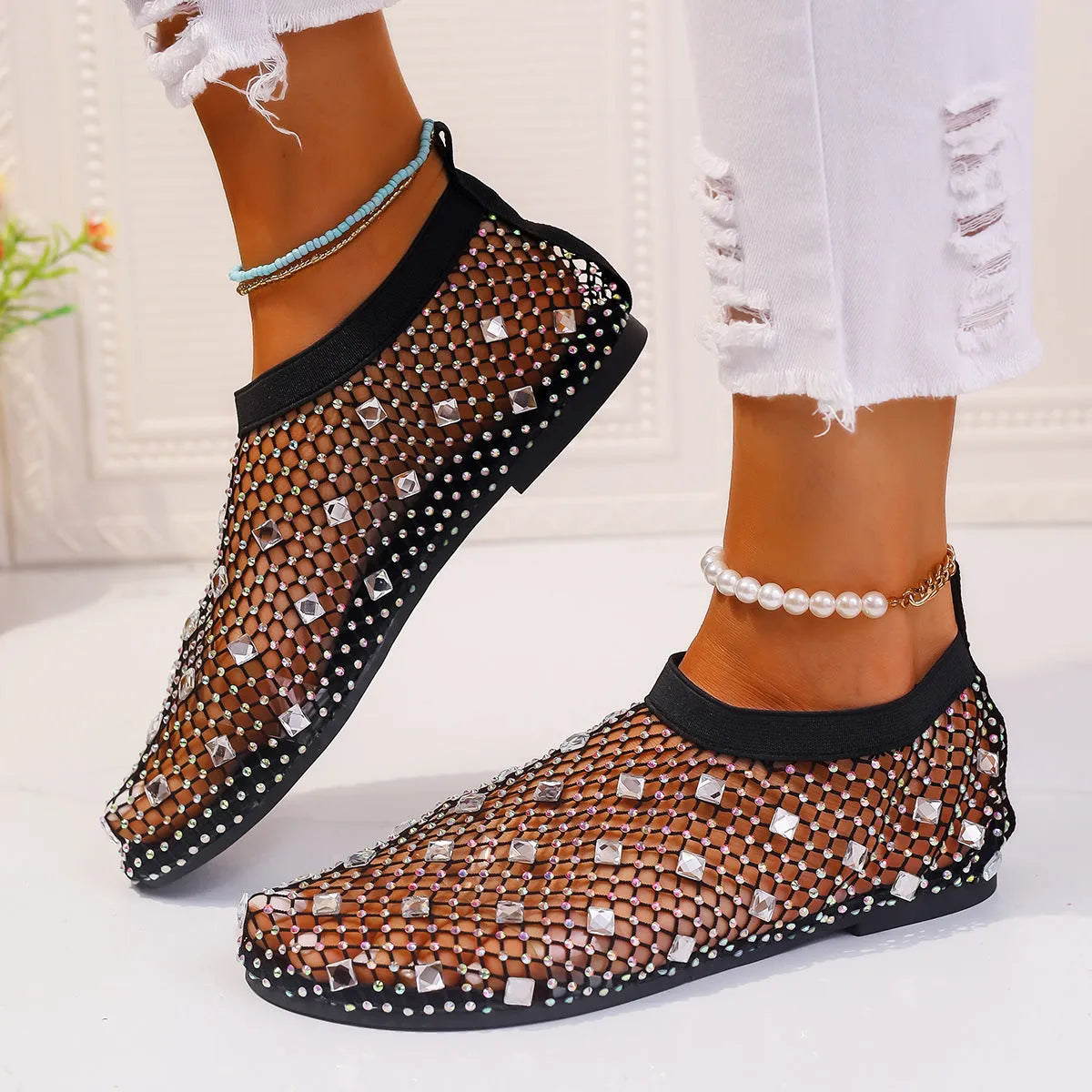 Women's colourful rhinestone mesh flat sandals with round toe and rubber sole