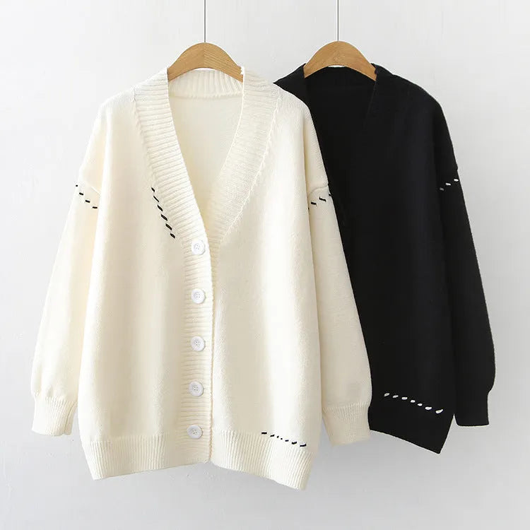 Women's loose fit knitted cardigan coat with long sleeves in black