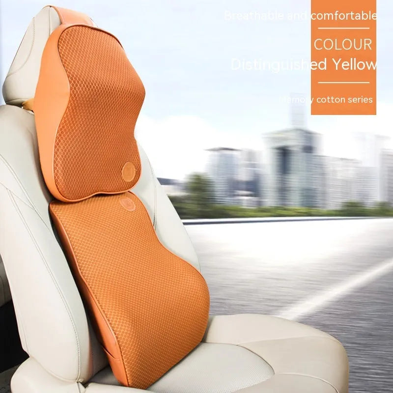 Memory foam car headrest pillow and lumbar support cushion set in various colour options